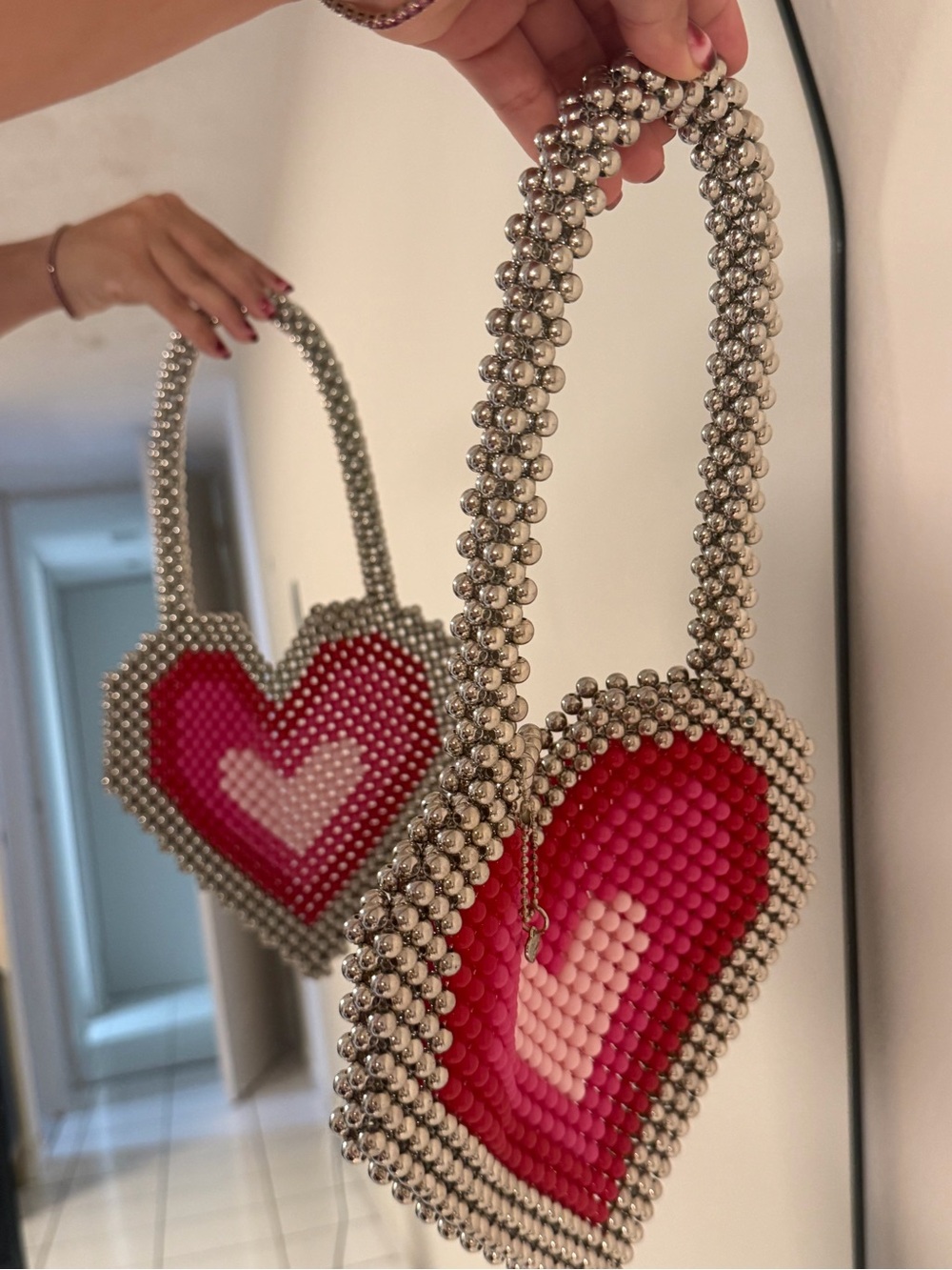 Pink Heart Beaded Shoulder Bag - Silver Handle